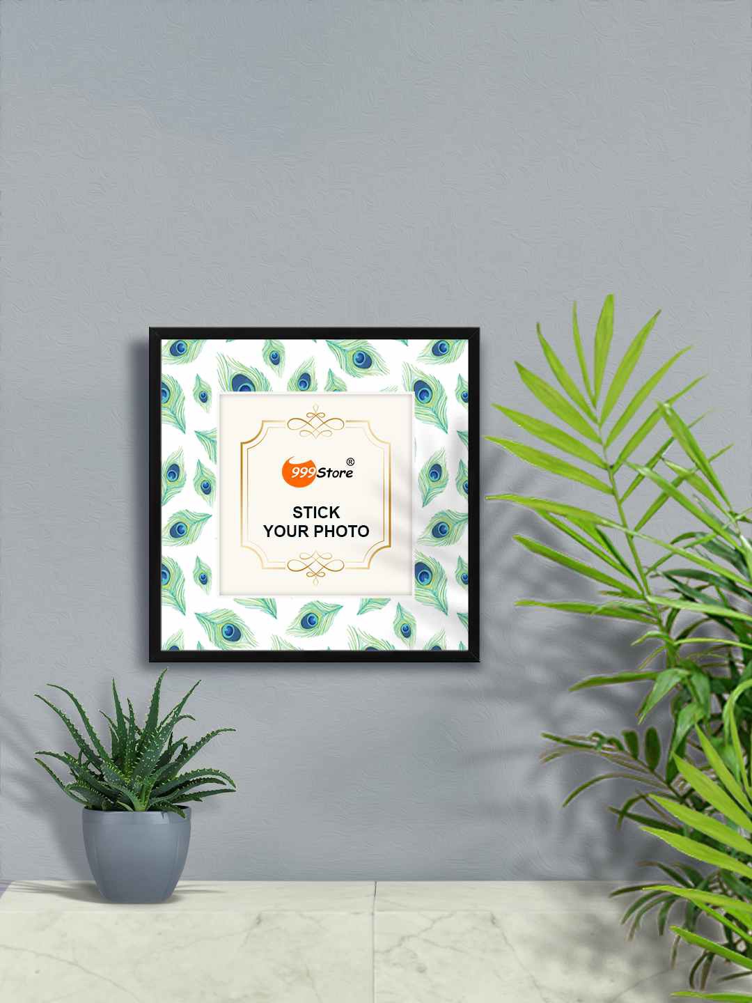 

999Store Green & White Peacock Feather Printed Photo Frames