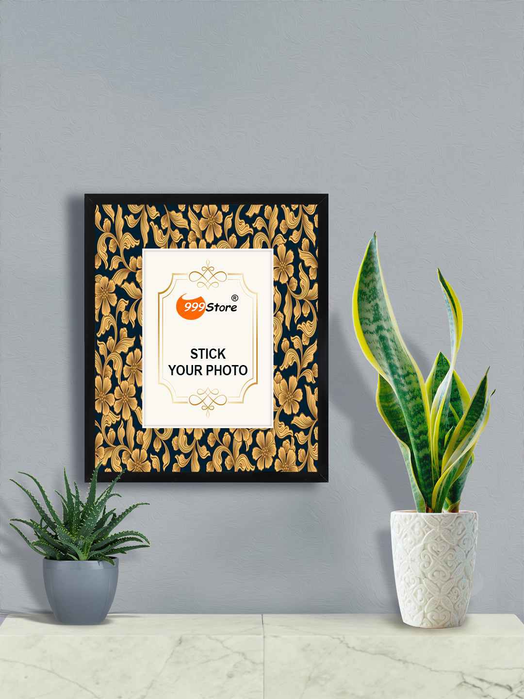 

999Store Gold Toned & Blue Peri Winkle Flower With Leaf Printed Photo Frames