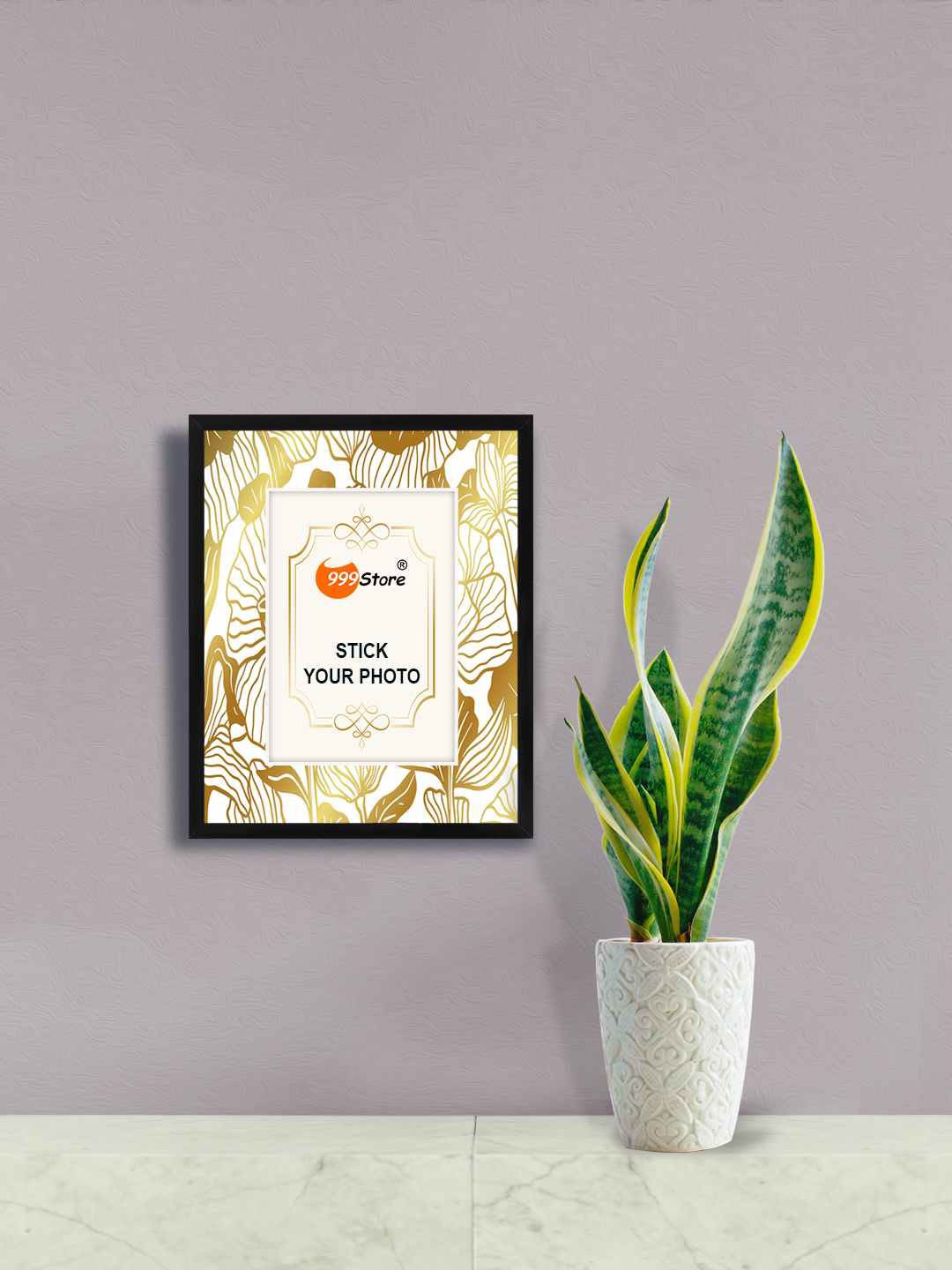 

999Store White & Black Leaves Printed Wall Photo Frame, Gold