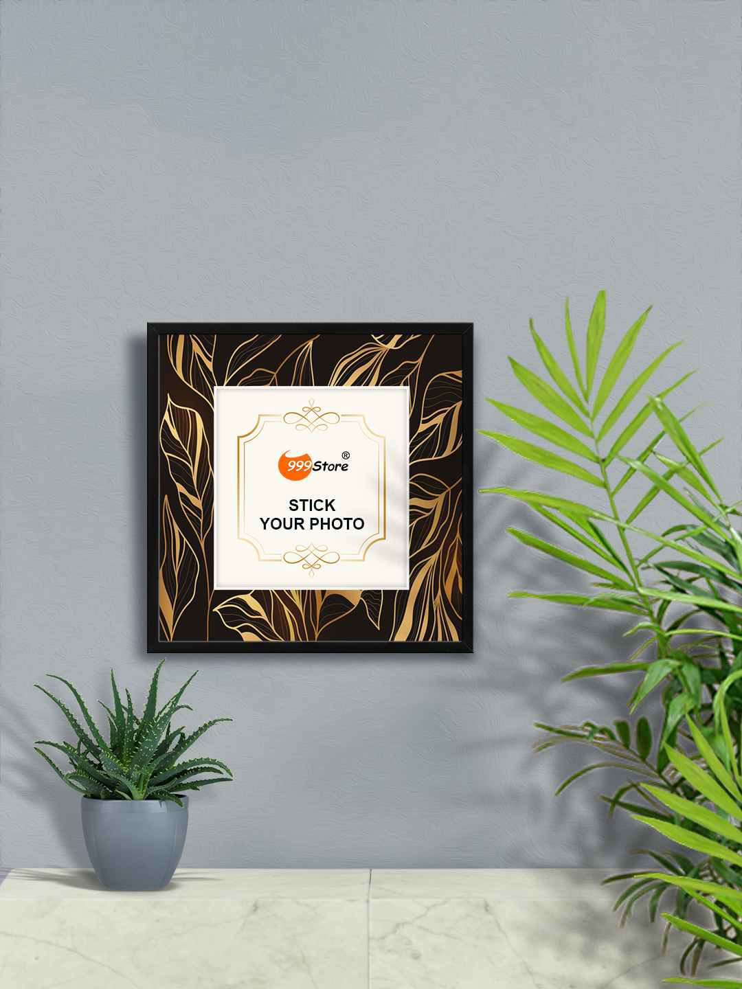 

999Store Black Leaves Printed Wall Photo Frame, Gold