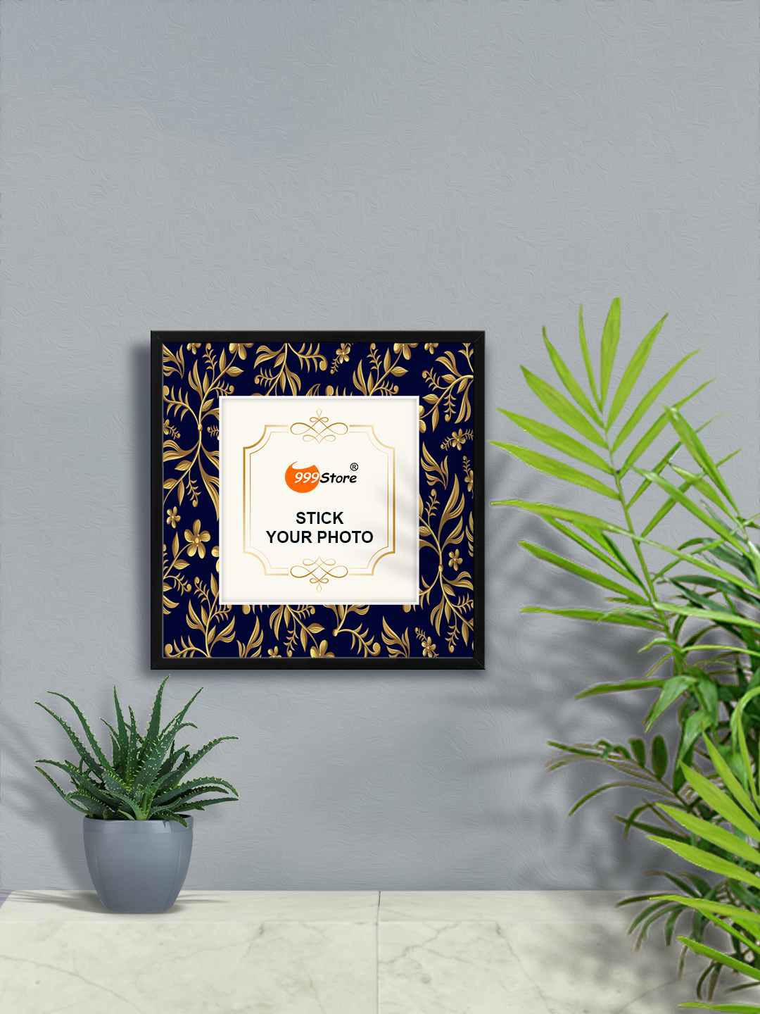 

999Store Navy Blue & Gold-Toned Flower With Leaf Printed Wall Photo Frame