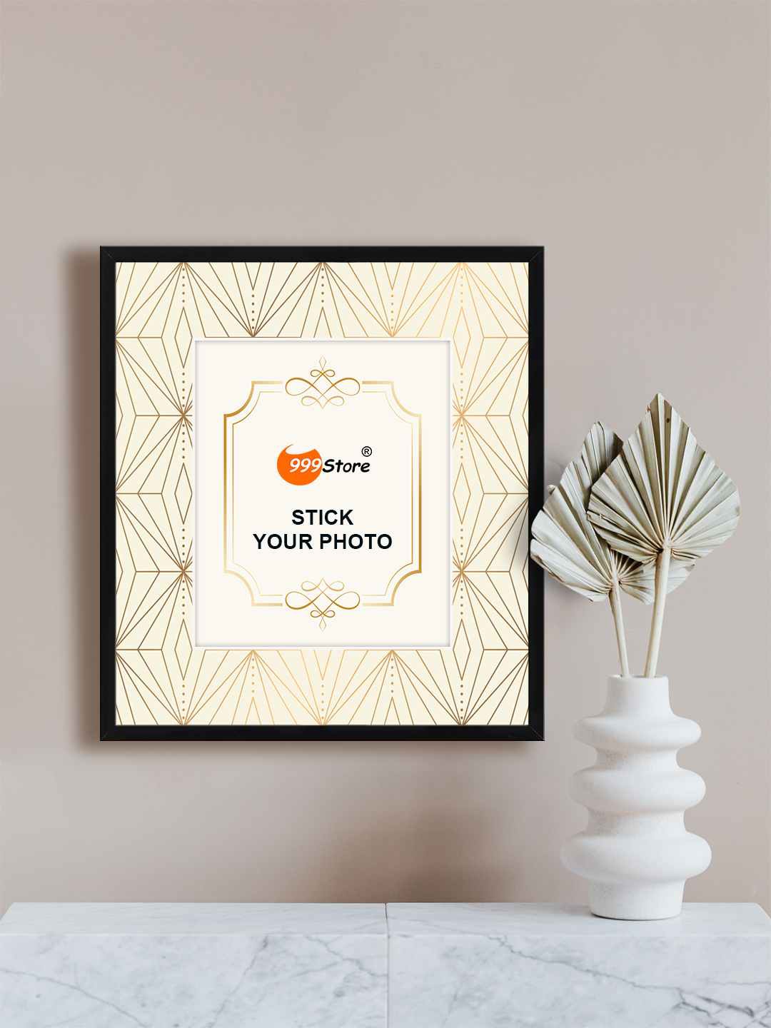 

999Store Beige & Gold Toned Line Printed Photo Frame