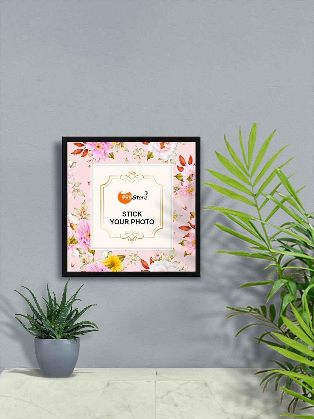 

999Store Gold & White Flower With Leaves Printed Wall Photo Frame, Pink