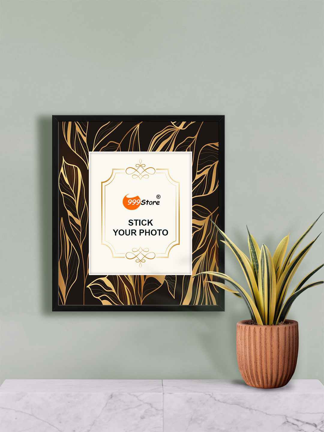 

999Store White Leaf Printed Wall Hanging Photo Frame, Gold