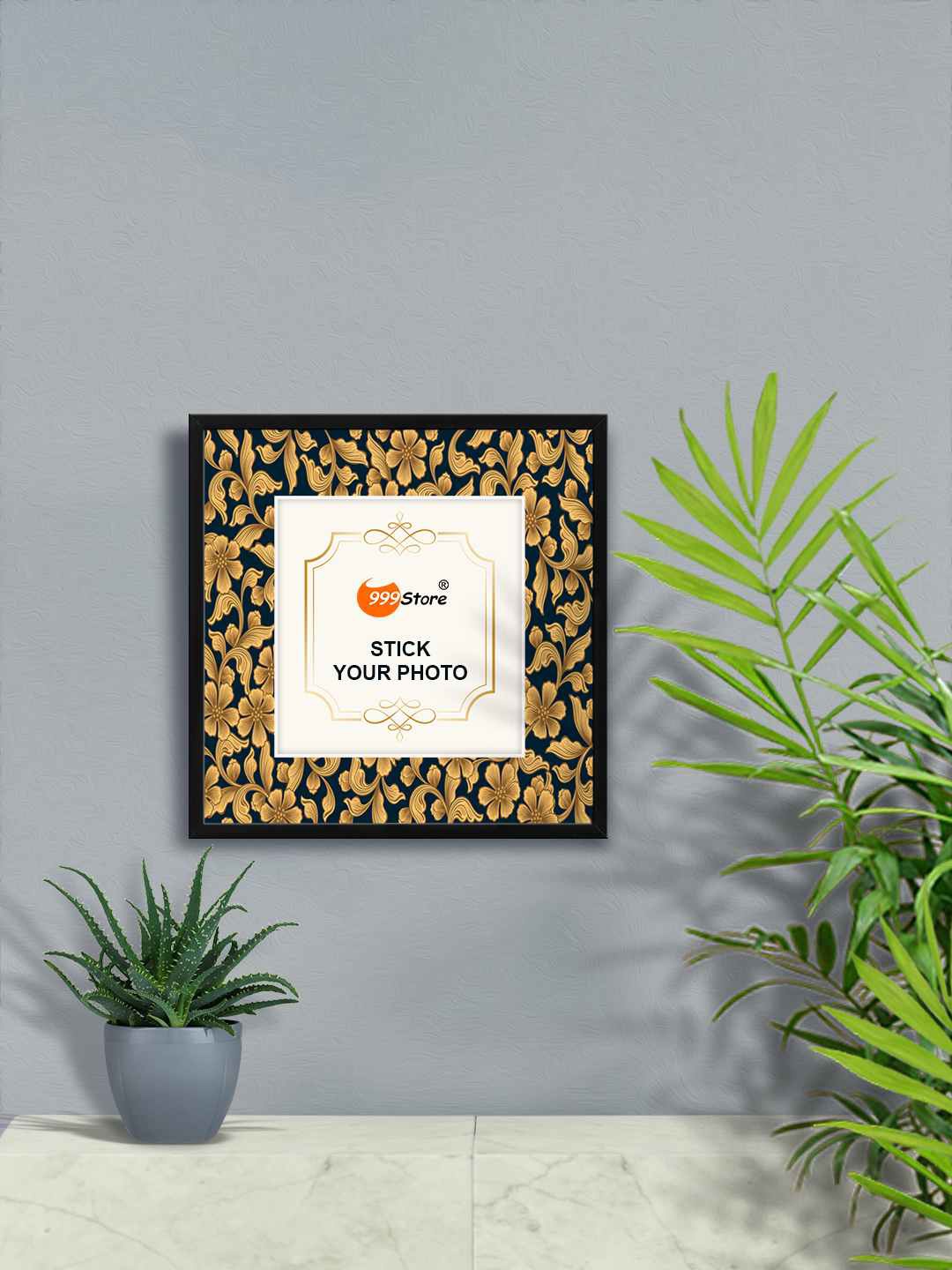 

999Store Black Flower With Leaf Printed Wall Photo Frame, Gold