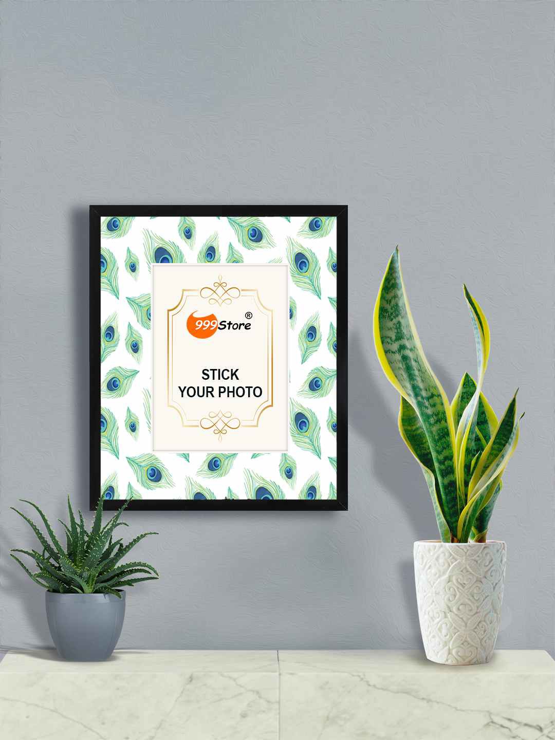 

999Store Green & White Peacock Feather Printed Wall Photo Frame