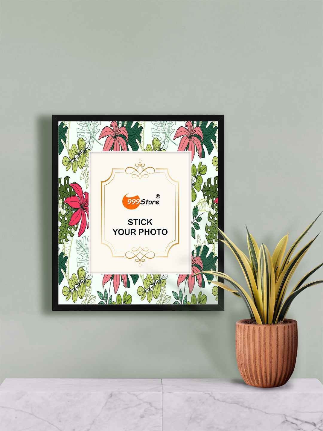 

999Store Pink & Green Flower With Leaf Printed Wall Hanging Photo Frame
