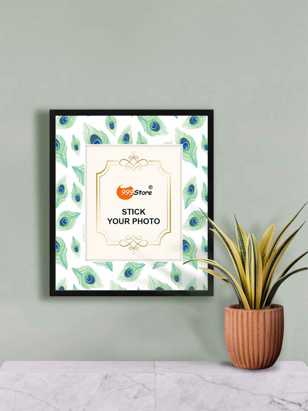 

999Store Green & White Peacock Feather Printed Photo Frame