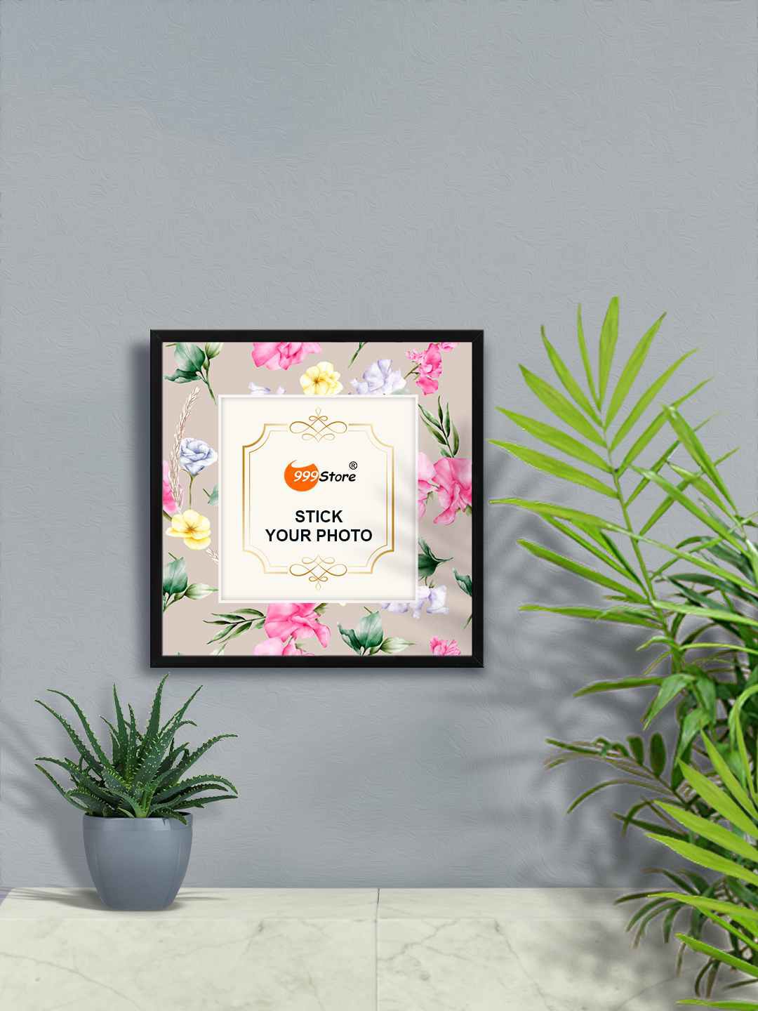 

999Store Beige & Green Flower With Leaf Printed Wall Photo Frame