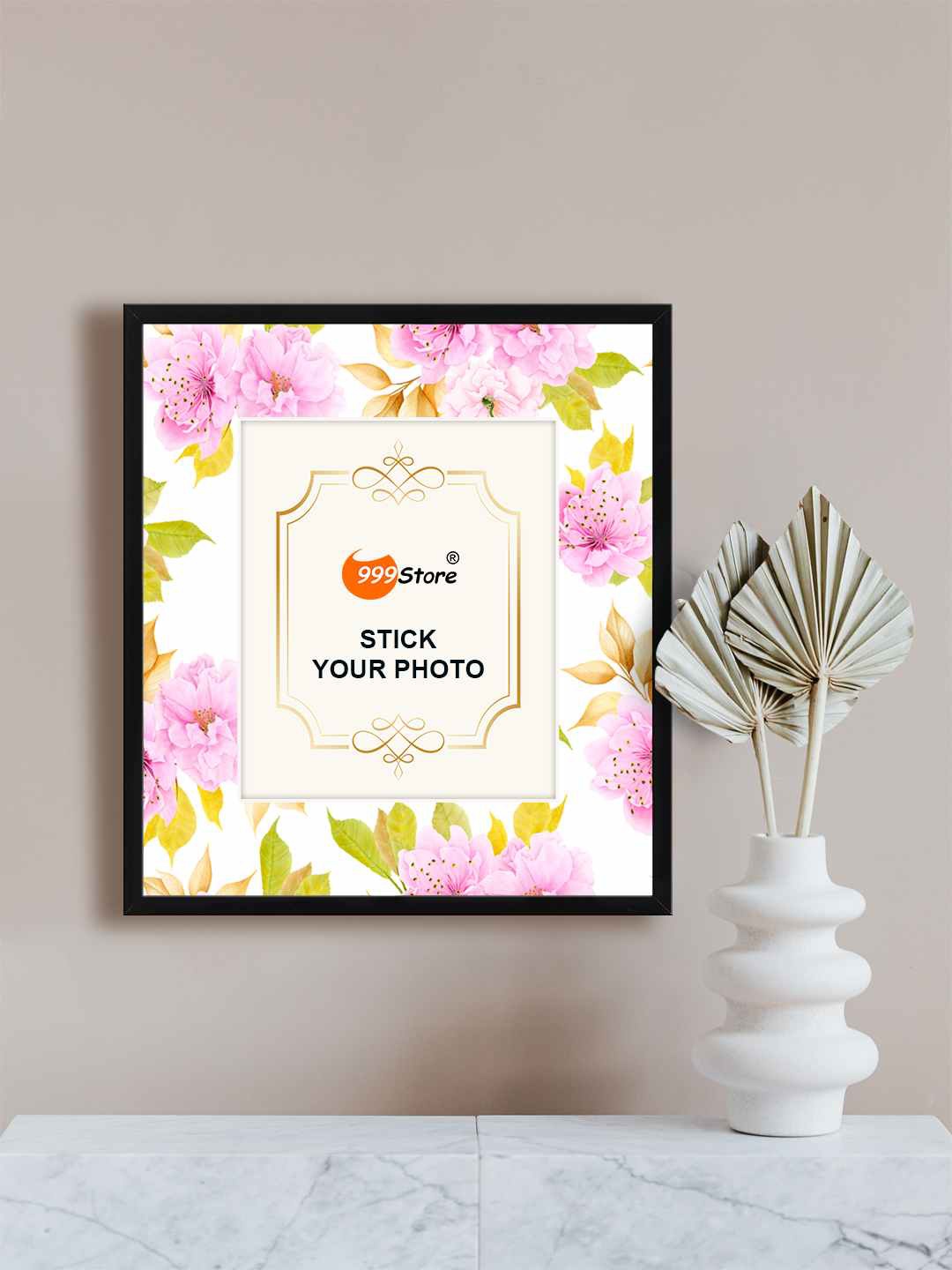 

999Store White & Pink Floral Printed Photo Frame