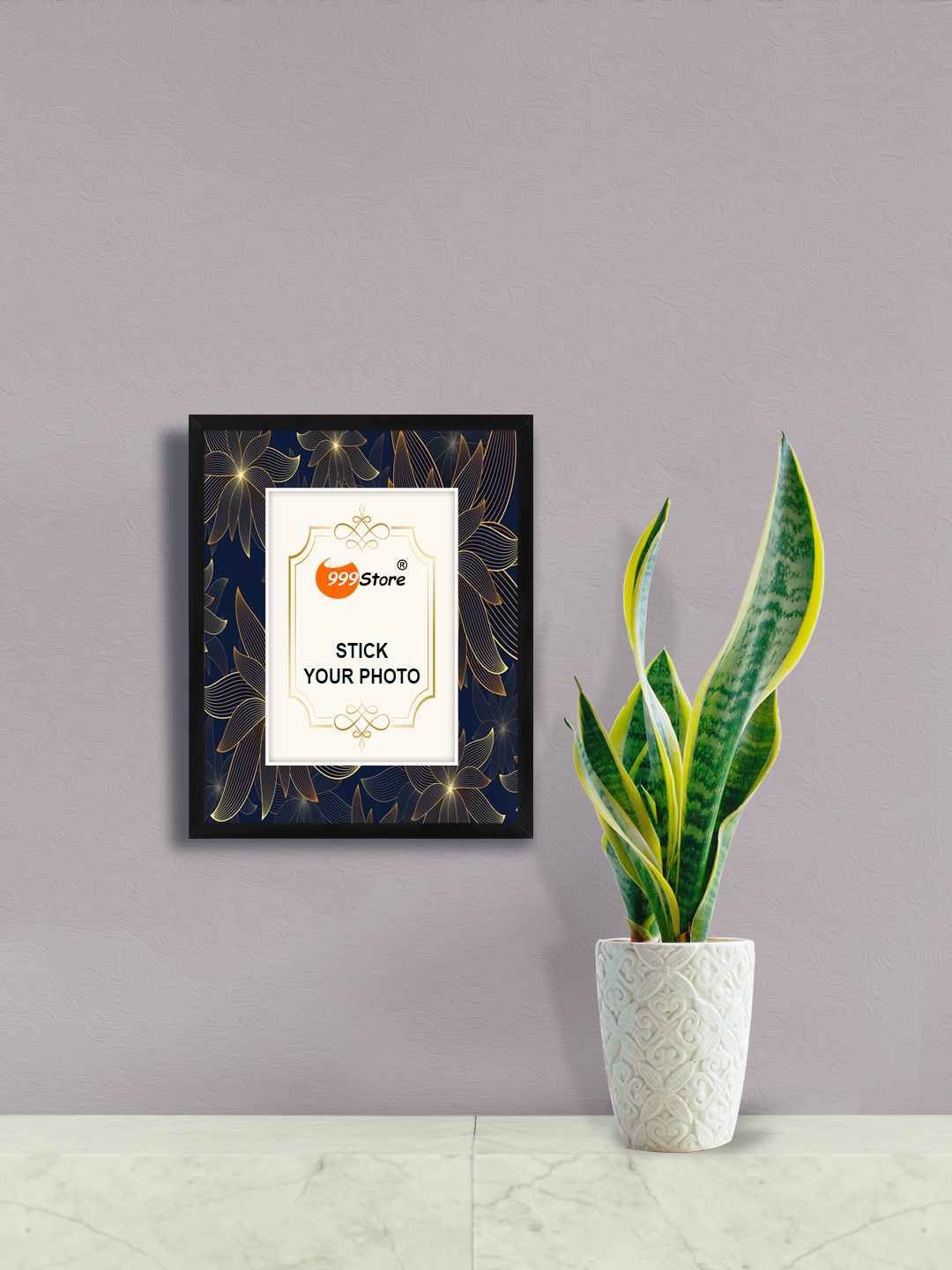 

999Store Navy Blue & Gold Toned Floral Printed Wall Photo Frame