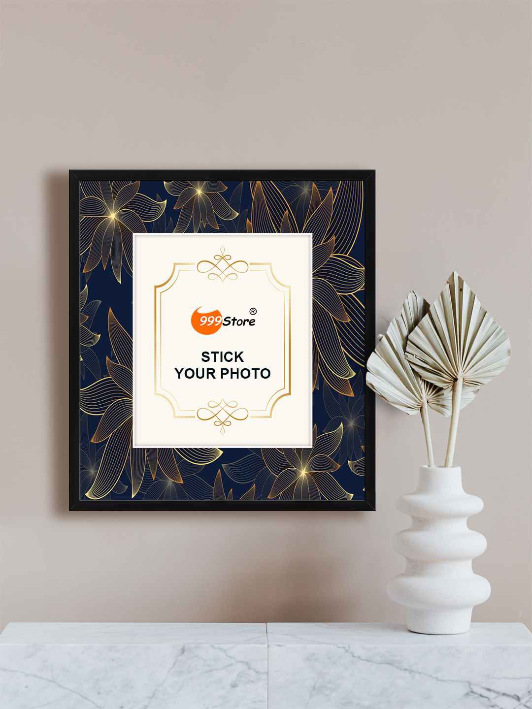 

999Store Navy Blue & Gold Toned Floral Printed Wall Photo Frame