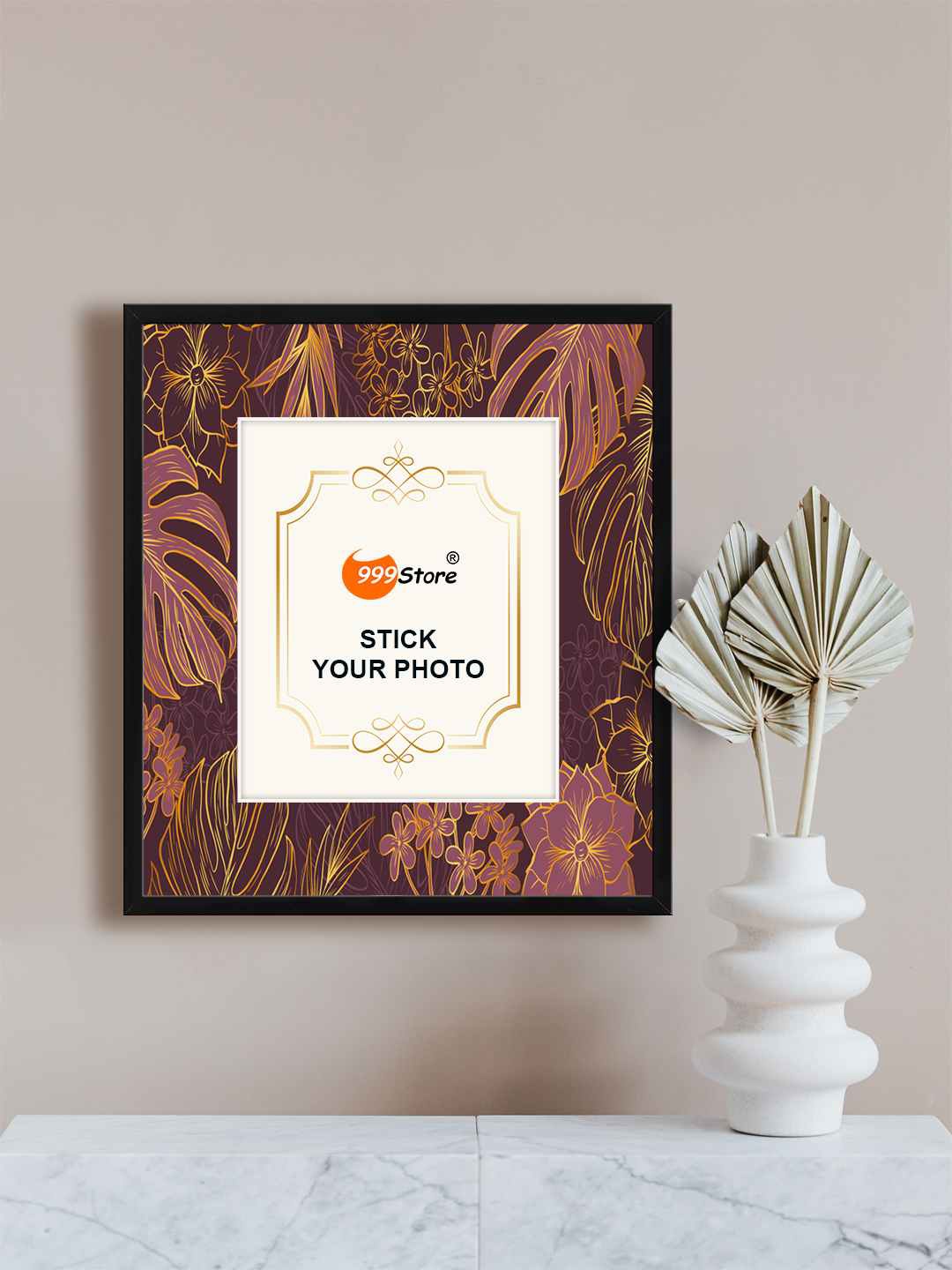 

999Store Purple & Gold Toned Flower With Leaf Printed Wall Photo Frame