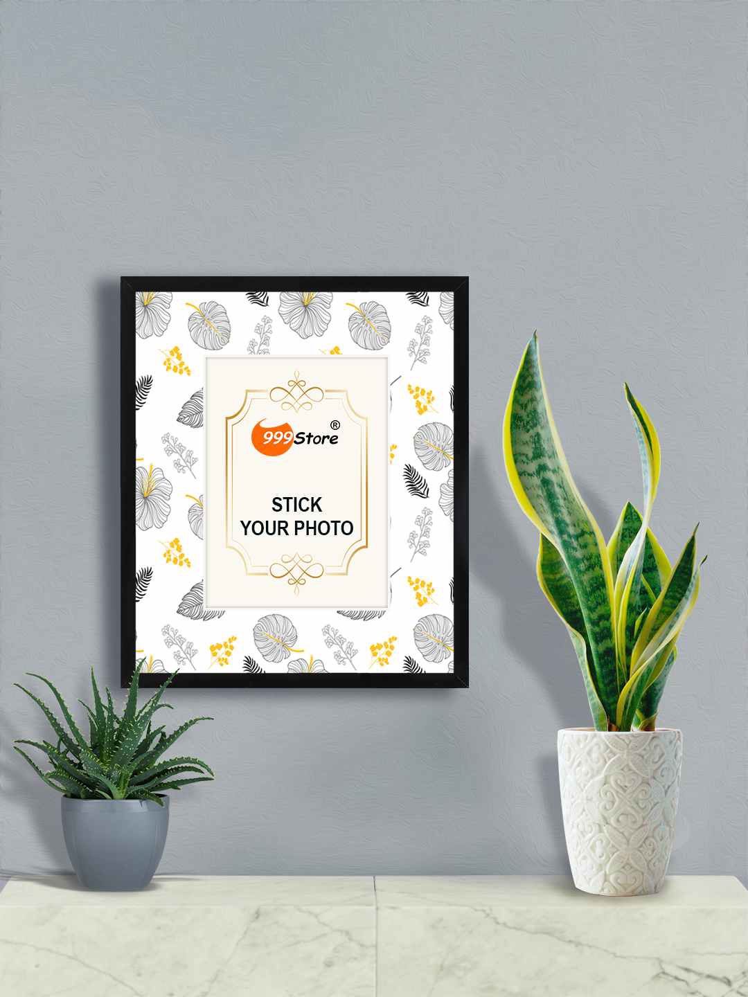 

999Store White & Grey Leaf Flower Printed Photo Frame