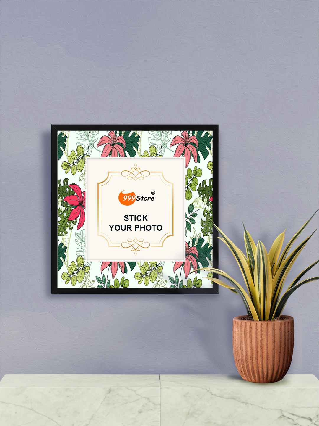 

999Store Pink & Green Habicus Flower With Leaf Printed Wall Photo Frame