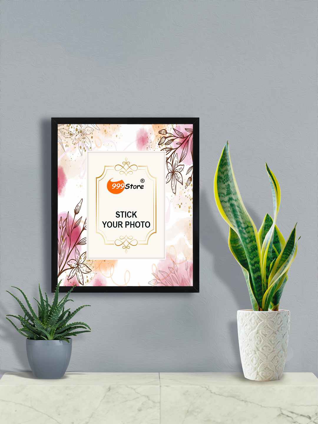 

999Store White & Pink Flower With Leaf Printed Wall Photo Frame