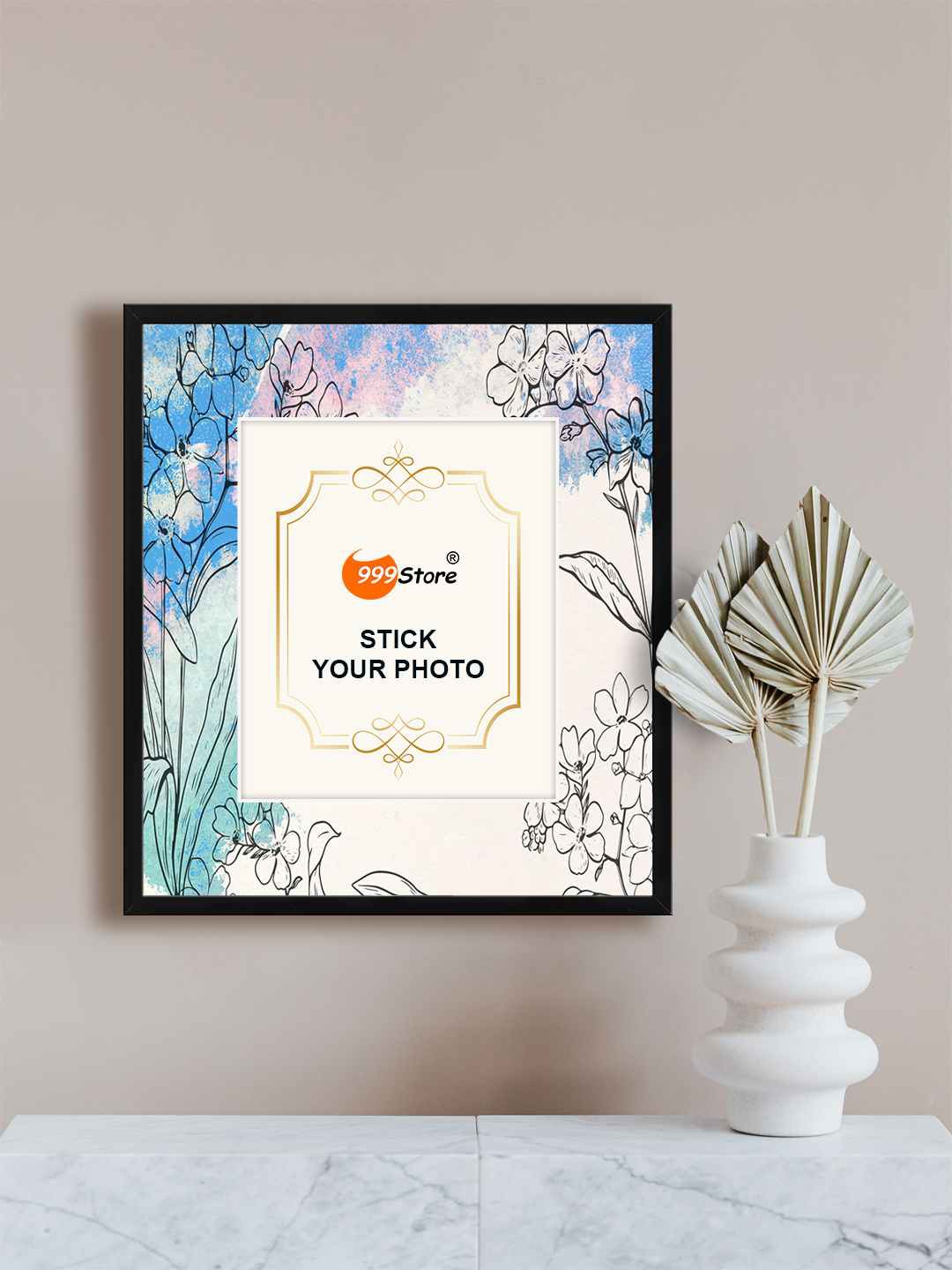 

999Store Blue & Black Flower With Leaf Printed Wall Hanging Photo Frame