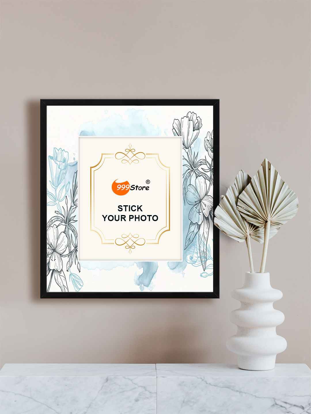 

999Store Blue & Black Oleander Flower Printed Wall Hanging Photo Frame