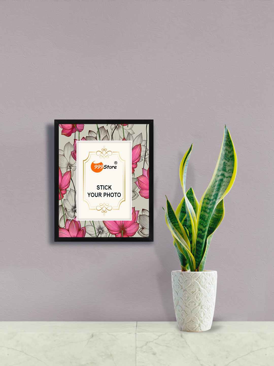 

999Store Pink & Grey Lotus Flowers Printed Wall Photo Frame