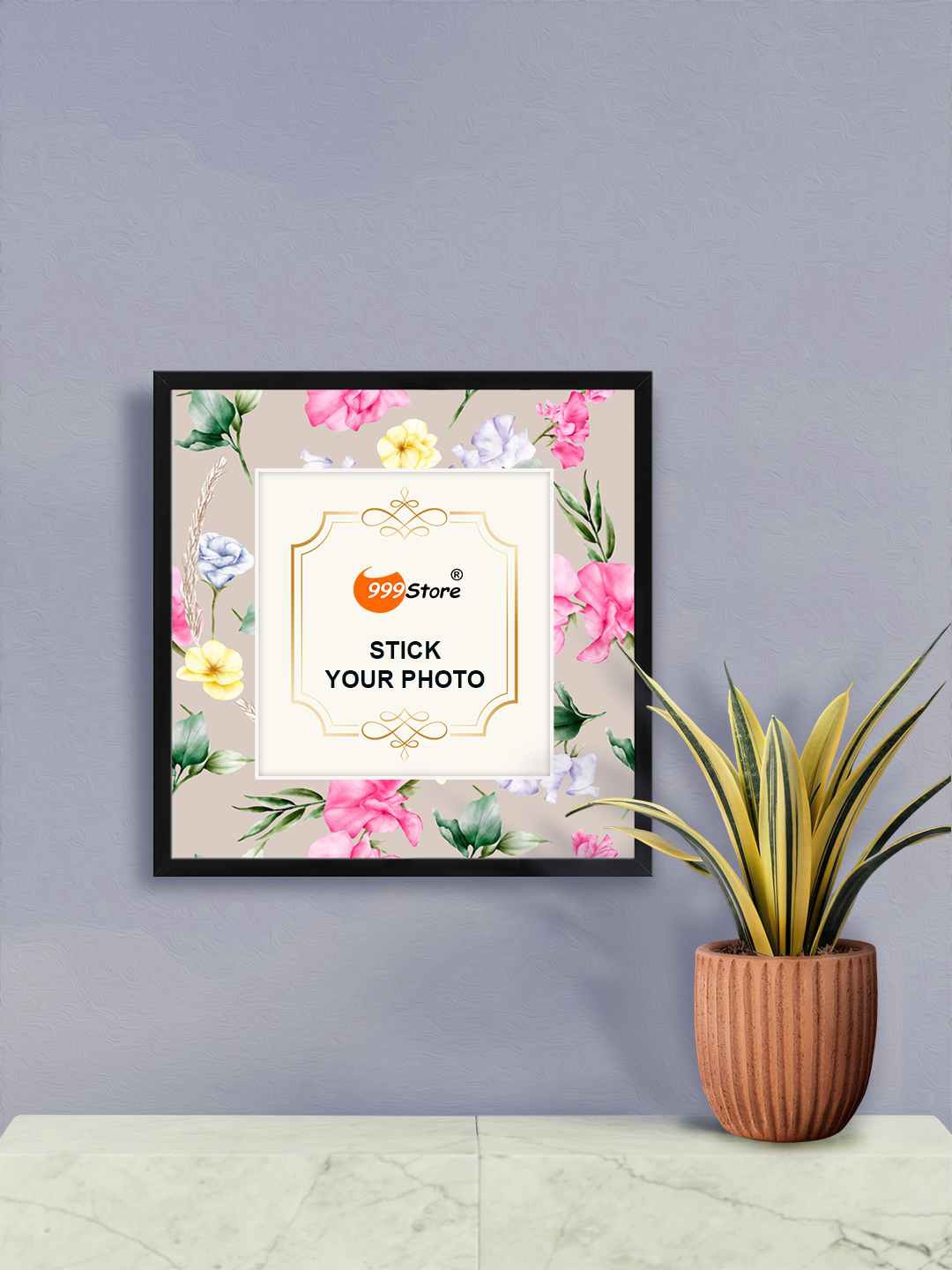 

999Store Beige & Pink Flower With Leaf Printed Wall Hanging Photo Frame