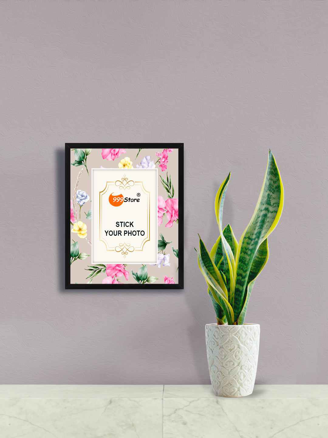 

999Store Pink & Black Flower With Leaf Printed Wall Hanging Photo Frame