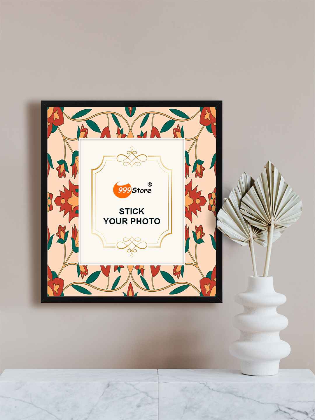 

999Store Peach Coloured & Red Flower Printed Wall Hanging Photo Frame