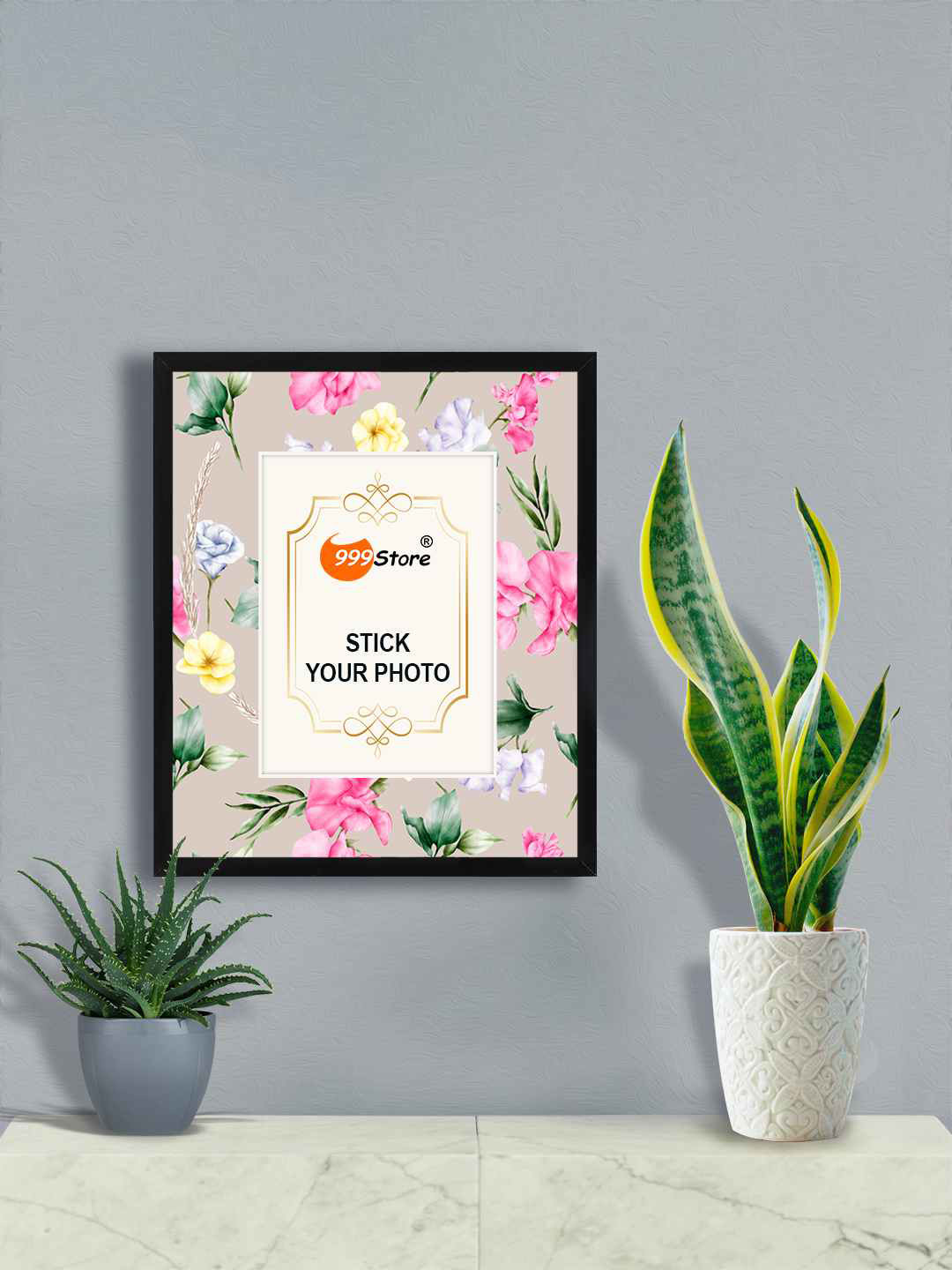 

999Store Beige & Pink Flower With Leaf Printed Wall Hanging Photo Frame