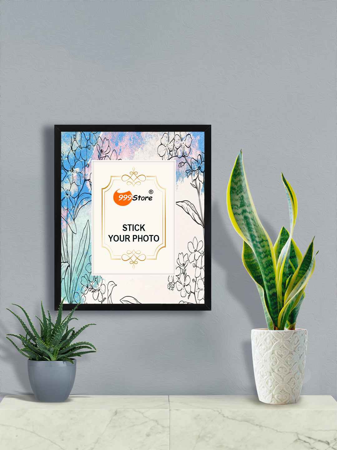 

999Store White & Blue Flower With Leaf Printed Wall Hanging Photo Frame