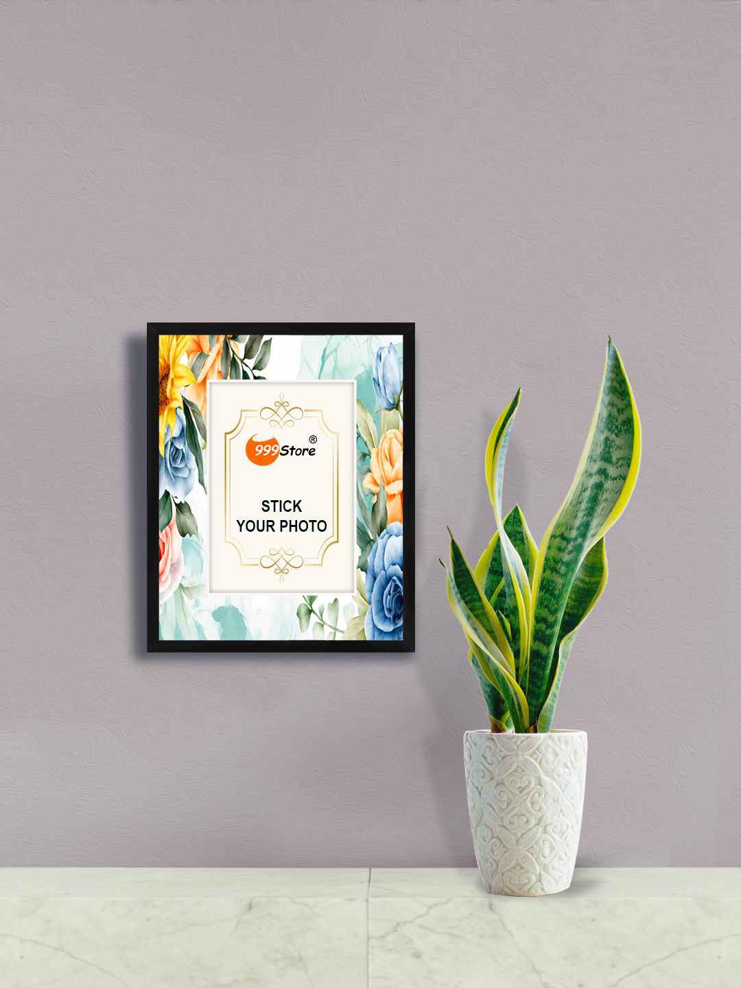 

999Store Blue Roses With Leaf Printed Wall Hanging Photo Frame, Black