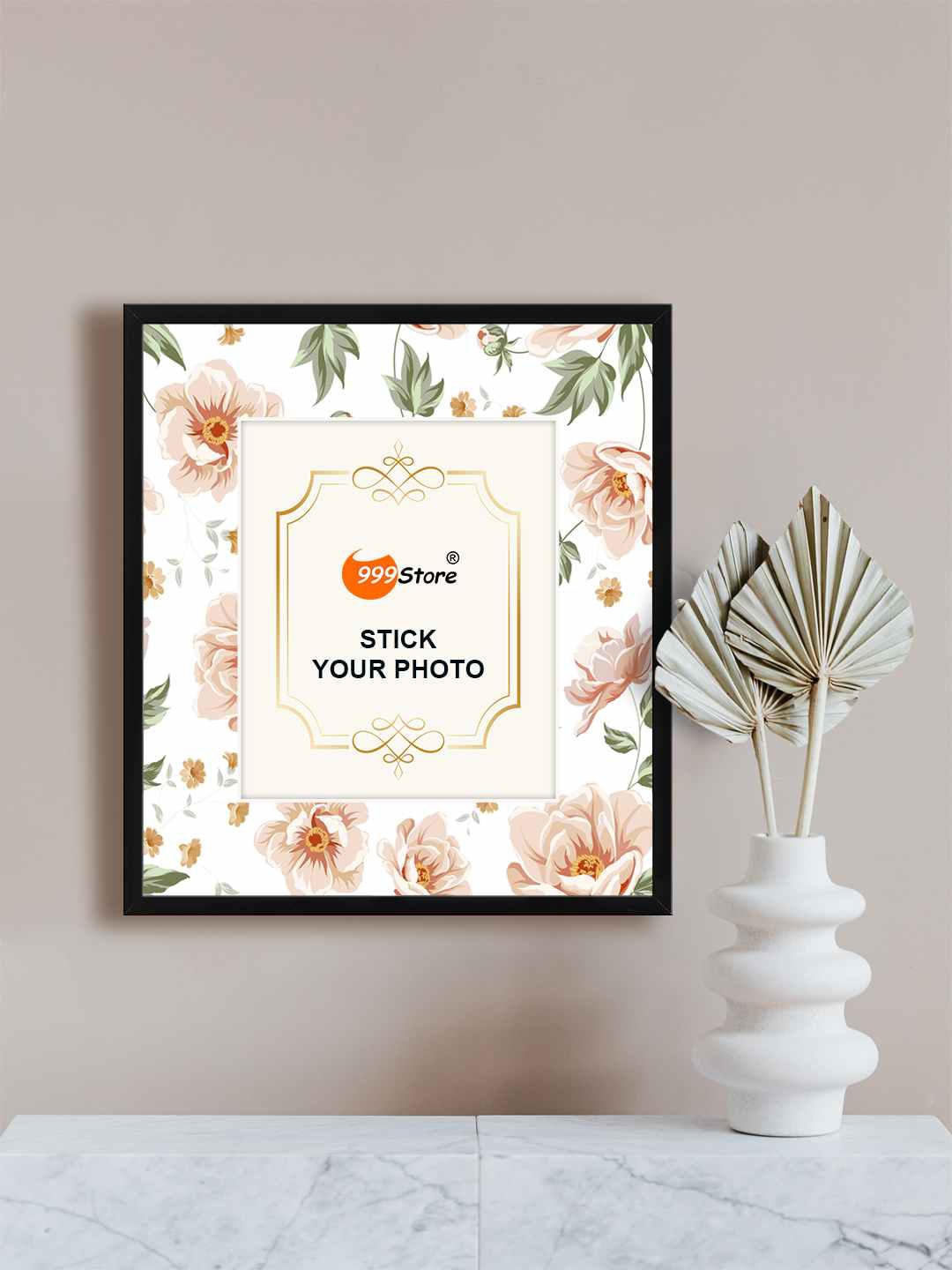 

999Store White & Green Rose With Leaf Printed Wall Photo Frame