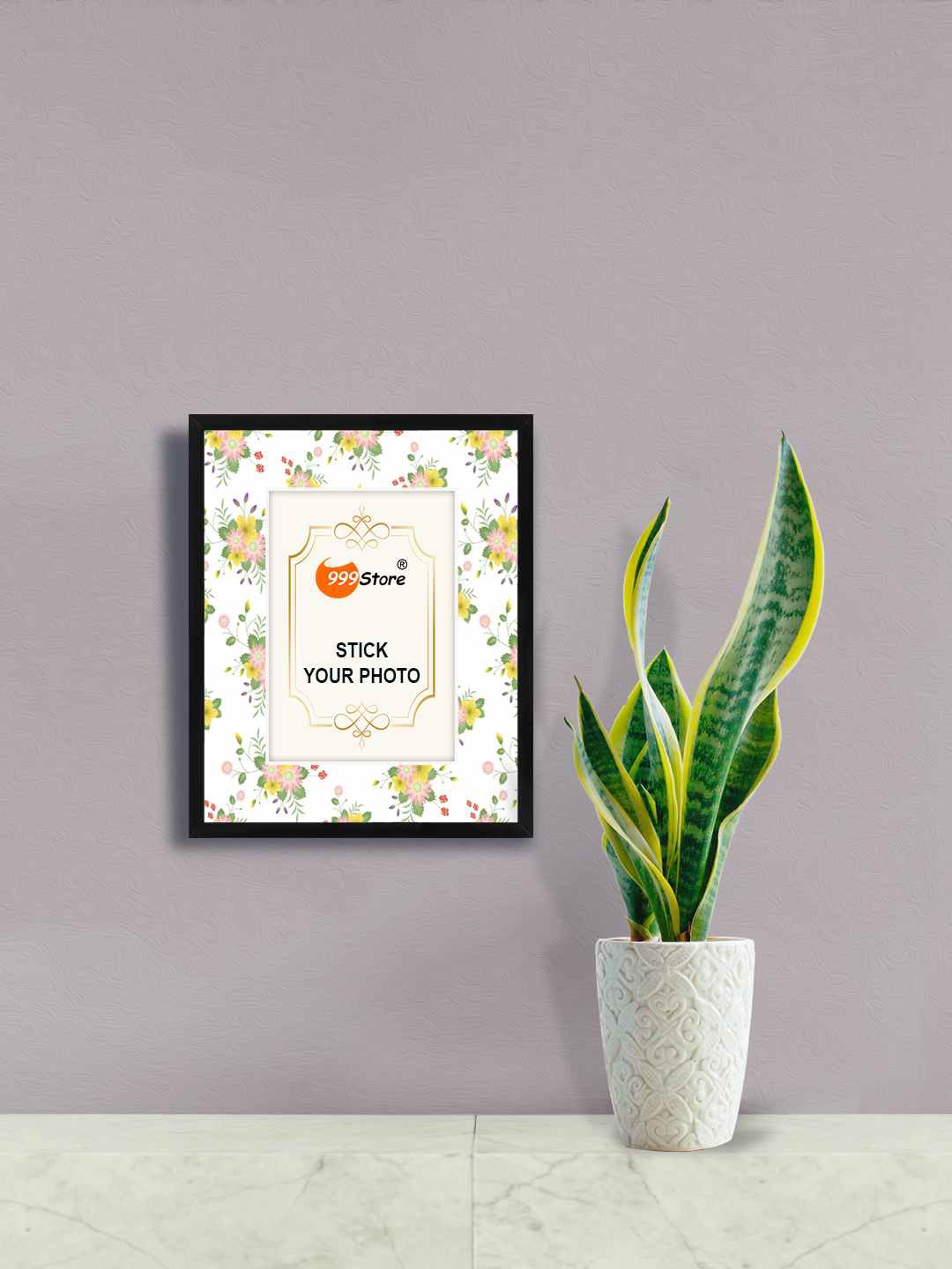 

999Store White & Green Flower With Leaf Printed Wall Photo Frame