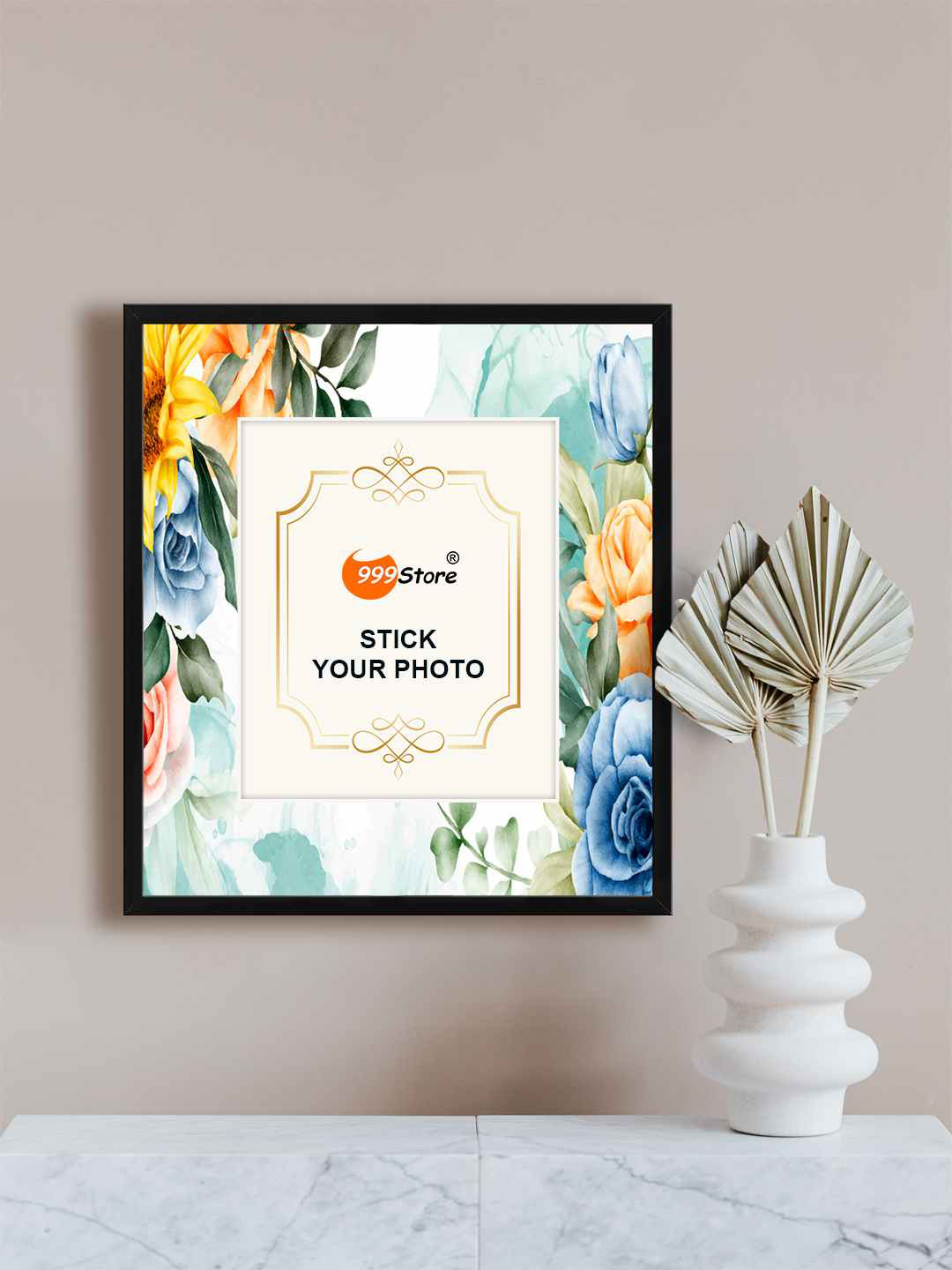 

999Store White & Blue Roses With Leaf Printed Wall Photo Frame