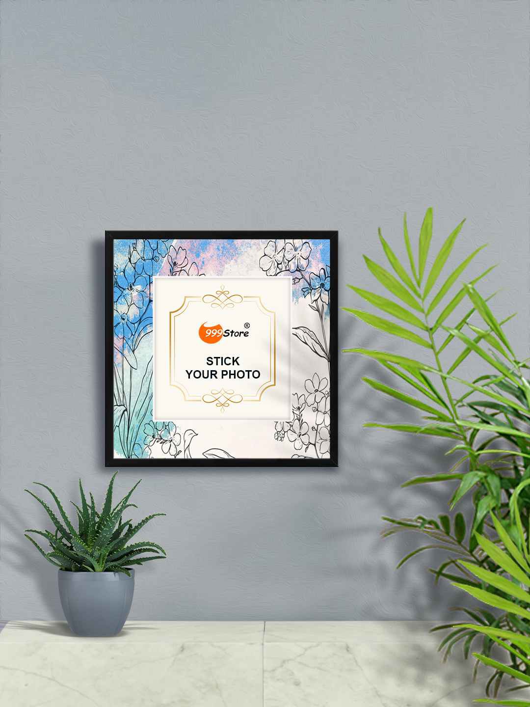 

999Store Blue & Black Periwinkle Flower With Leaf Printed Wall Hanging Photo Frame