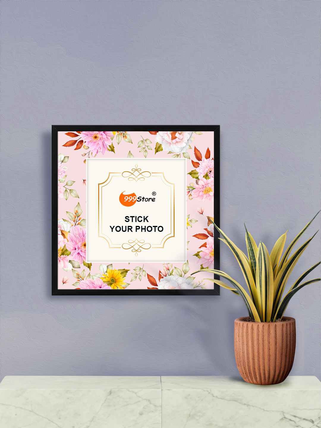 

999Store Pink & Green Flower With Leaves Printed Wall Hanging Photo Frame