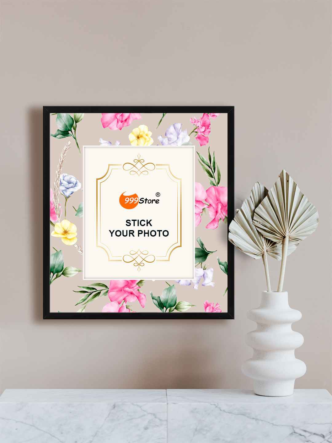 

999Store Beige & Pink Flower With Leaf Printed Photo Frame
