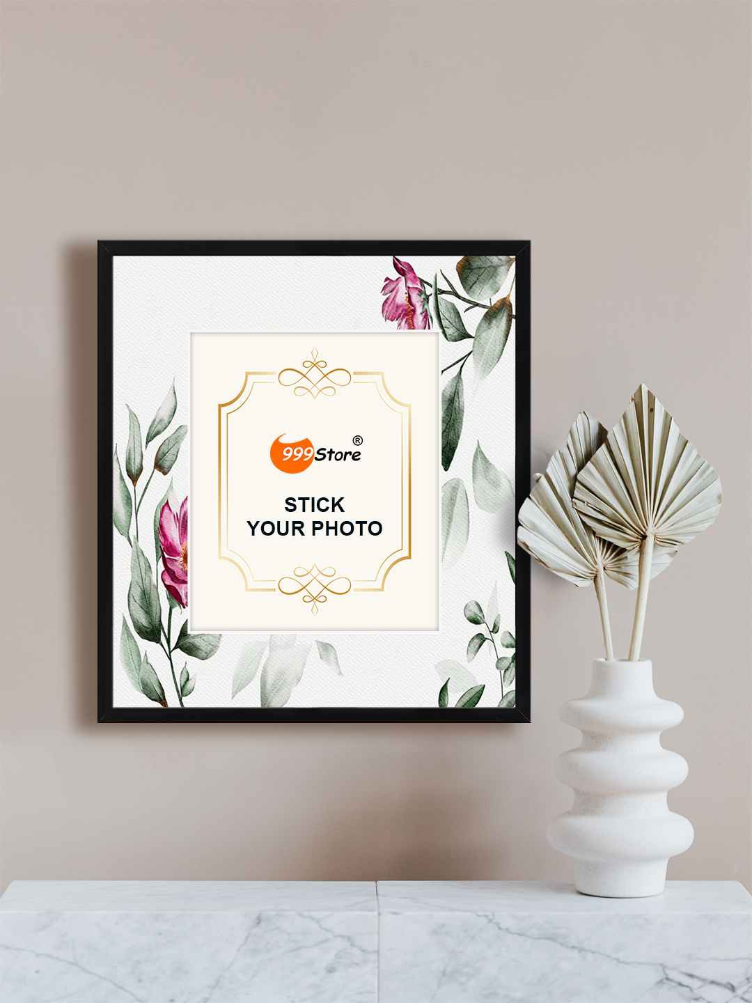 

999Store White & Green Flower With Leaf Printed Photo Frame