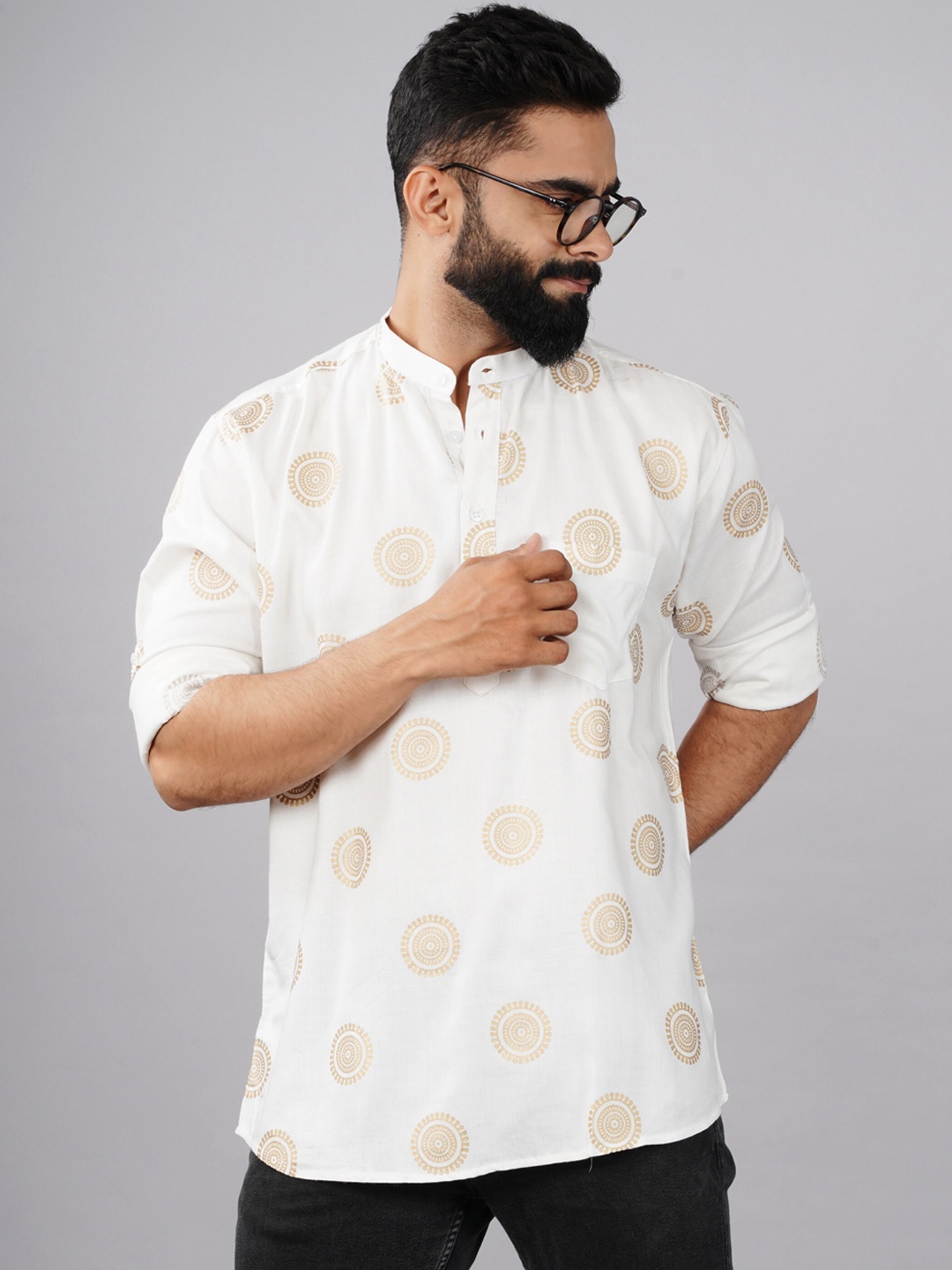 

Elepants Band Collar Ethnic Motifs Printed Straight Kurta, White