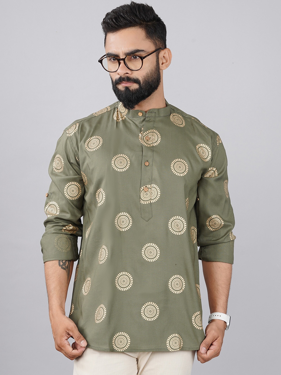 

Elepants Band Collar Ethnic Motifs Printed Straight Kurta, Olive