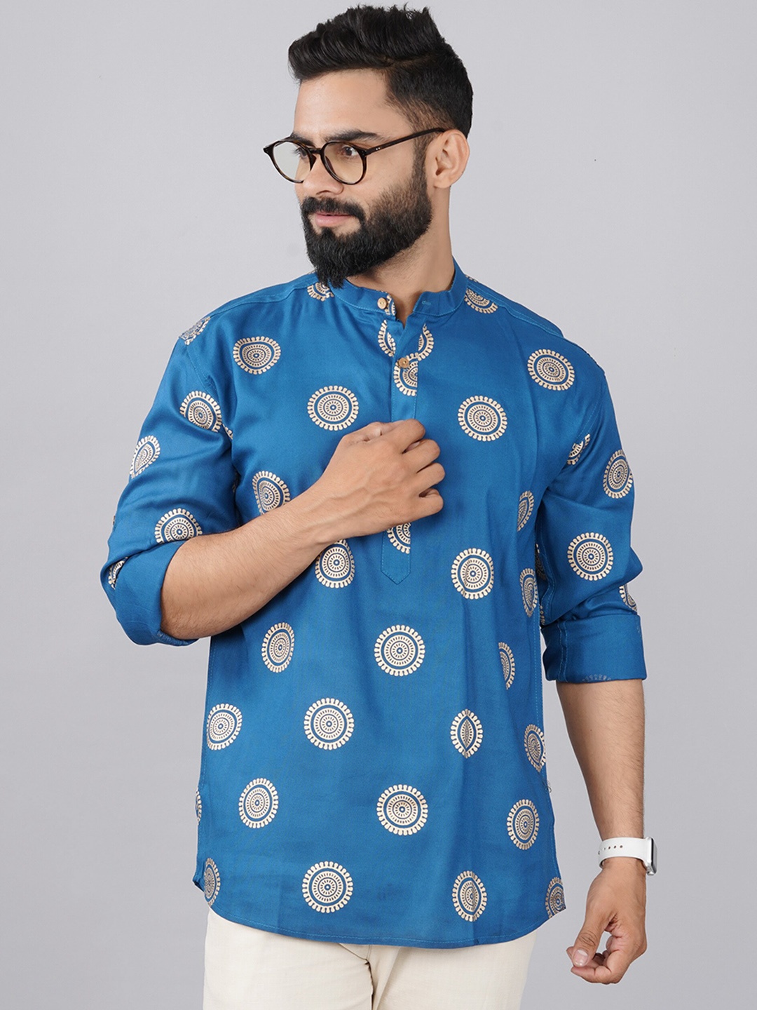 

Elepants Band Collar Ethnic Motifs Printed Straight Kurta, Blue