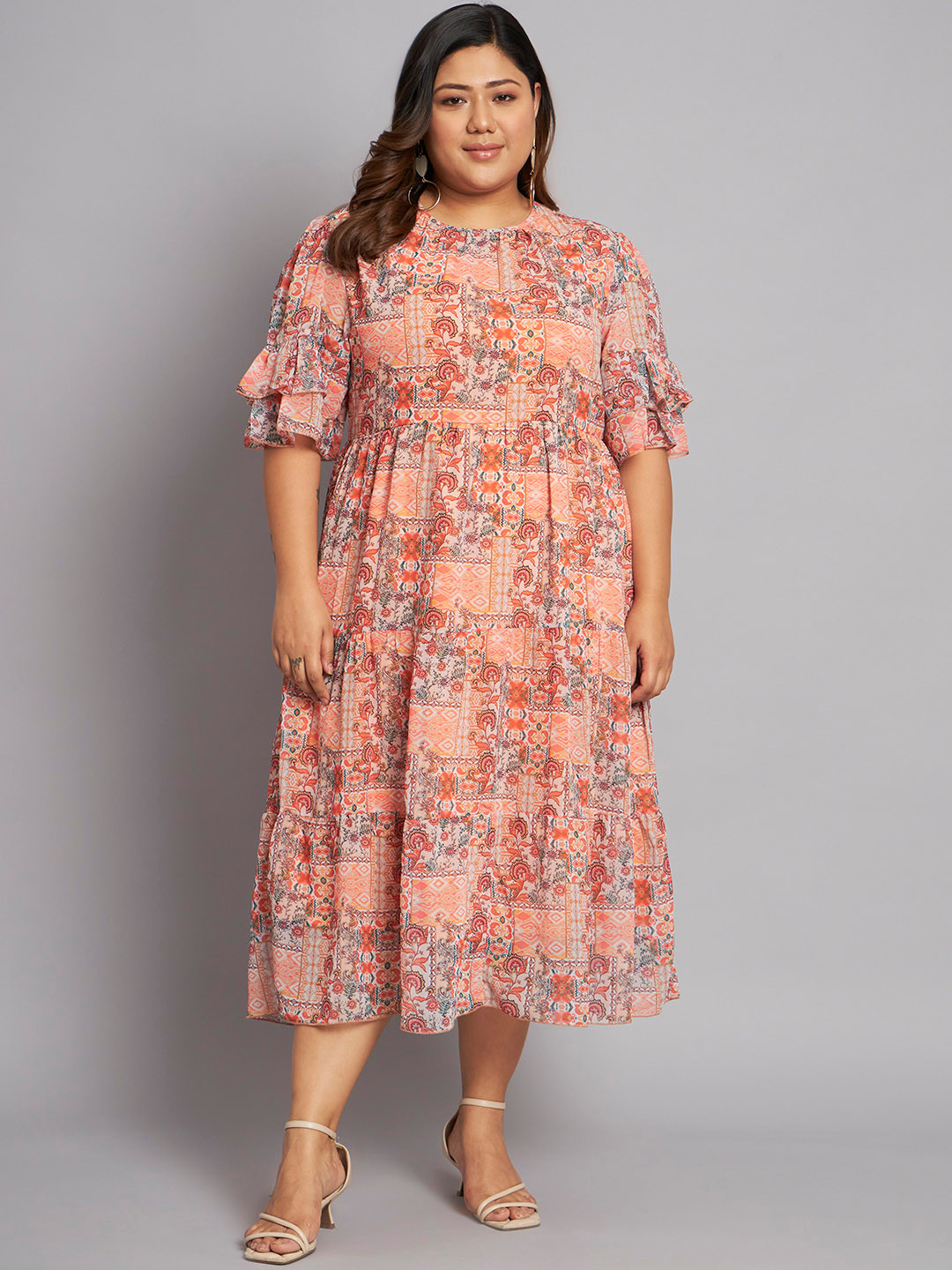 

BEYOUND SIZE - THE DRY STATE Plus Size Ethnic Motifs Printed Fit & Flare Midi Dress, Peach
