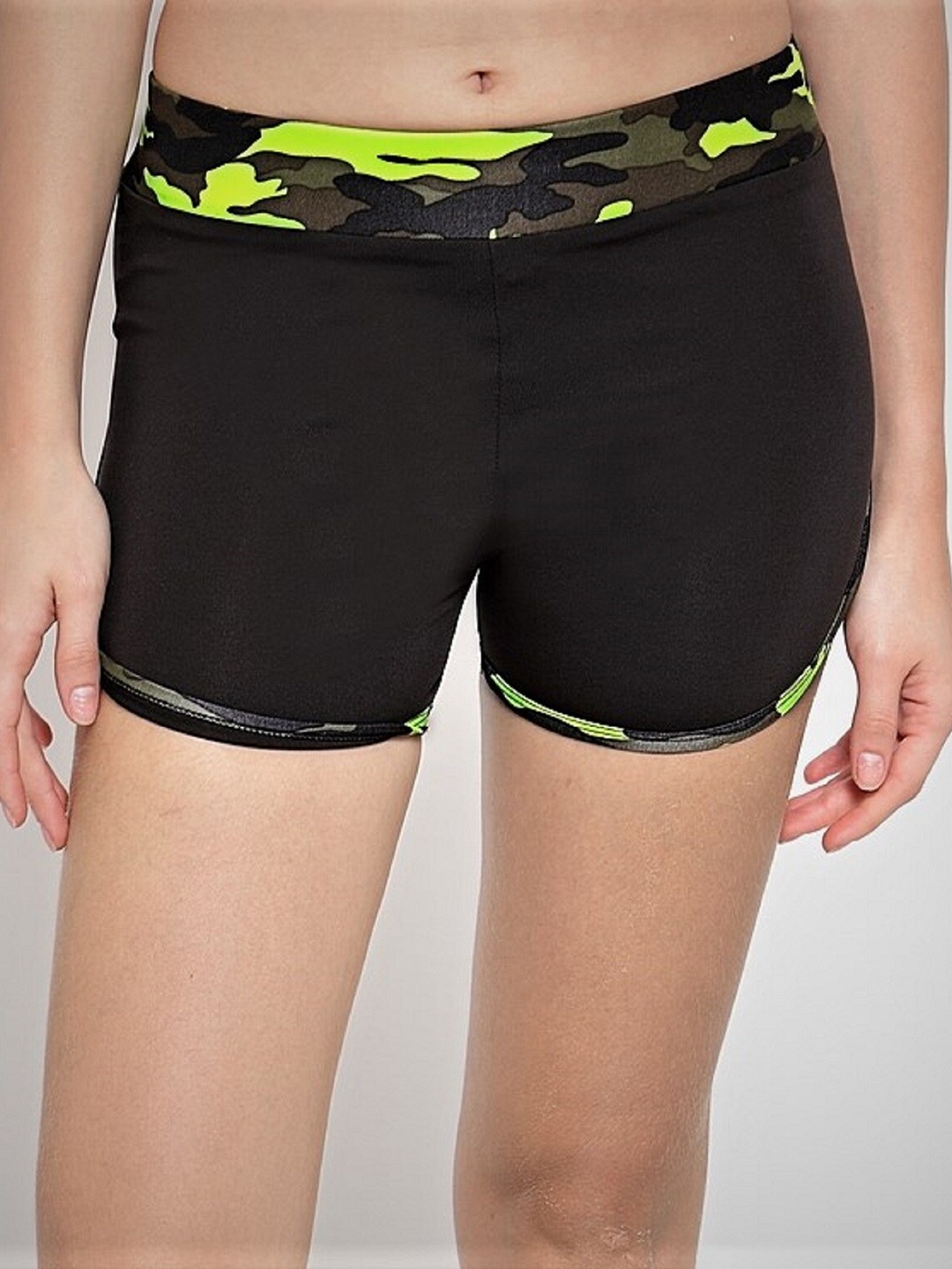 

Claura Women Black & Fluorescent Green Camouflage Printed Swimwear Shorts