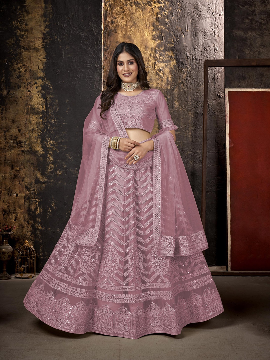 

all about you Embroidered Sequinned Semi-Stitched Lehenga & Unstitched Blouse With Dupatta, Pink