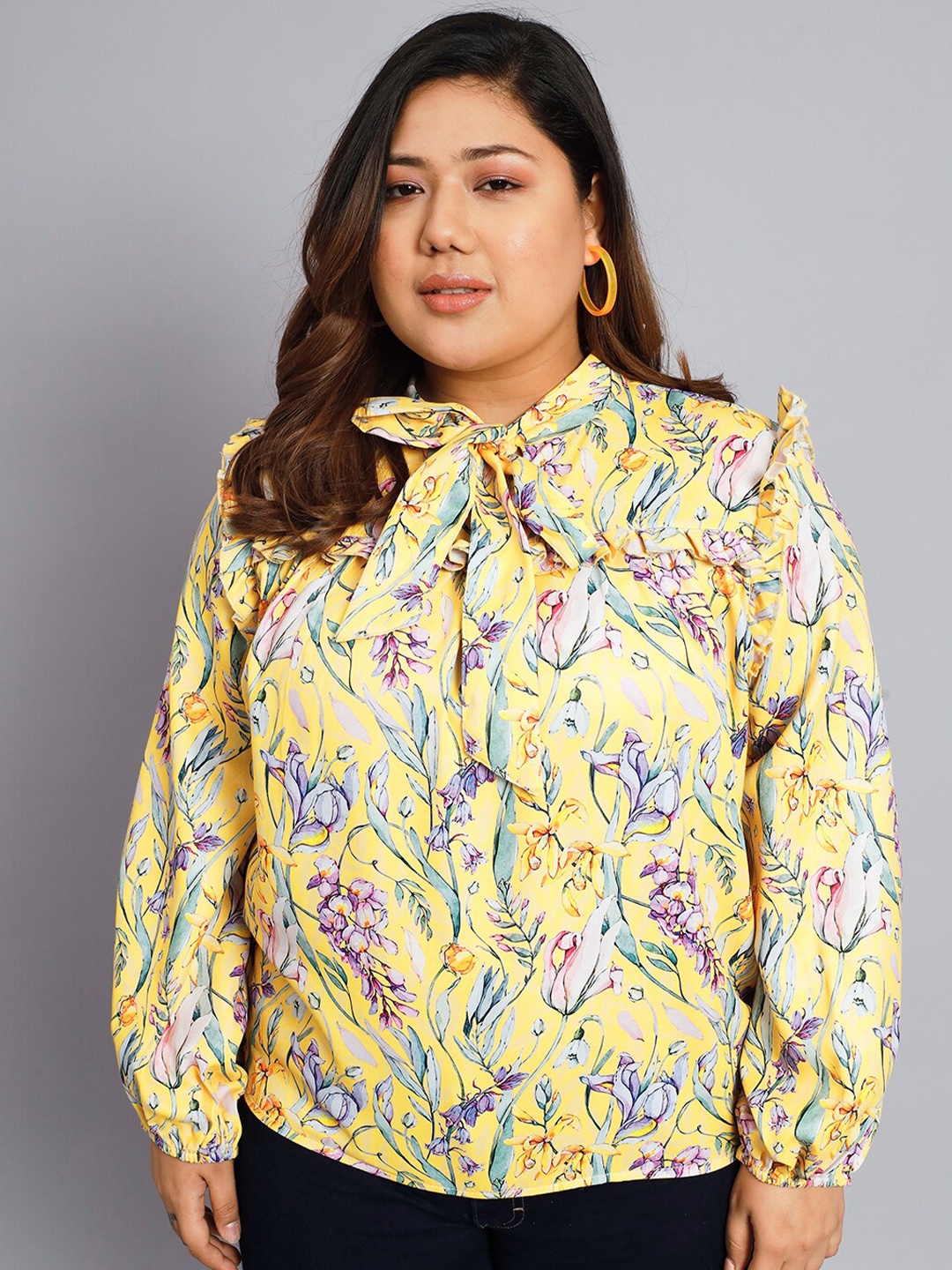 

BEYOUND SIZE - THE DRY STATE Plus Size Floral Print Tie-Up Neck Puff Sleeve Ruffles Top, Yellow