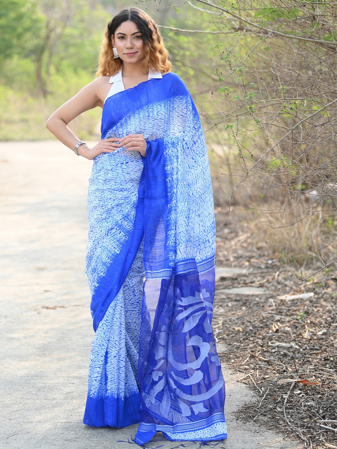 

Very Much Indian Abstract Art Silk Saree With Blouse Piece, Blue