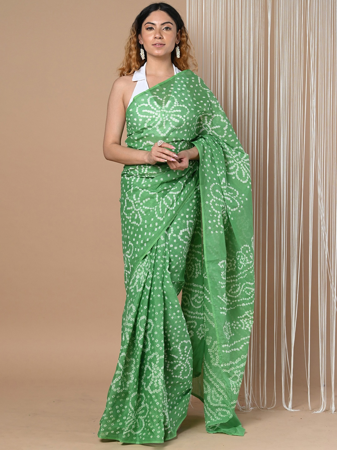 

Very Much Indian Bandhani Printed Pure Cotton Saree, Green