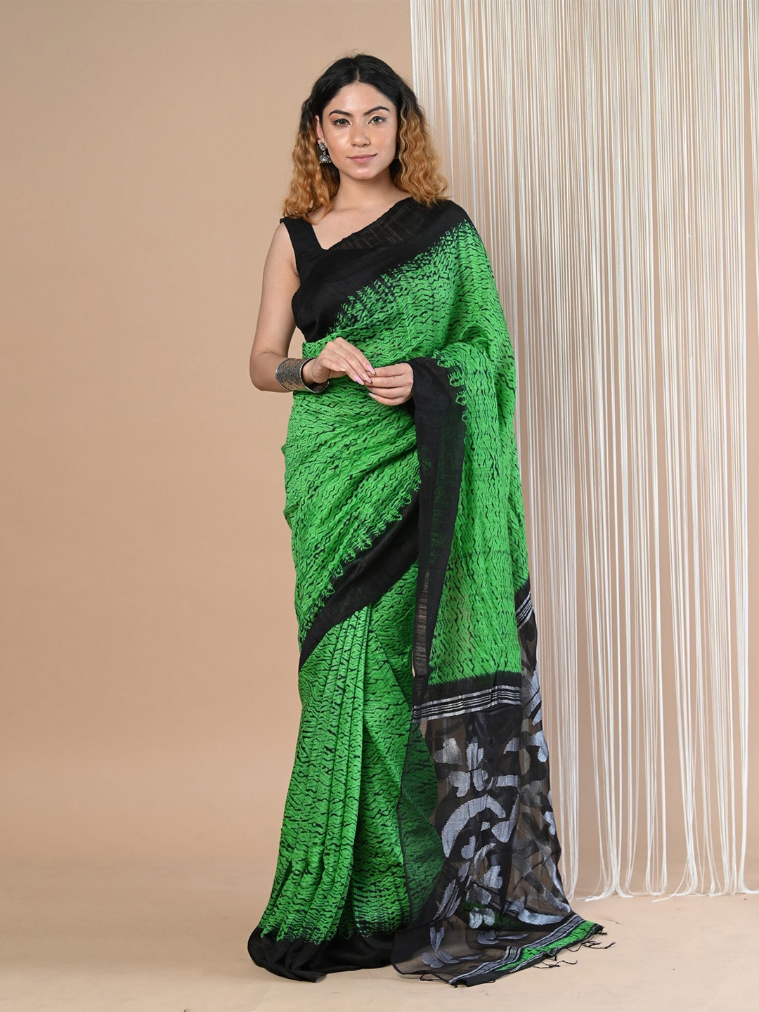 

Very Much Indian Abstract Art Silk Saree With Blouse Piece, Black