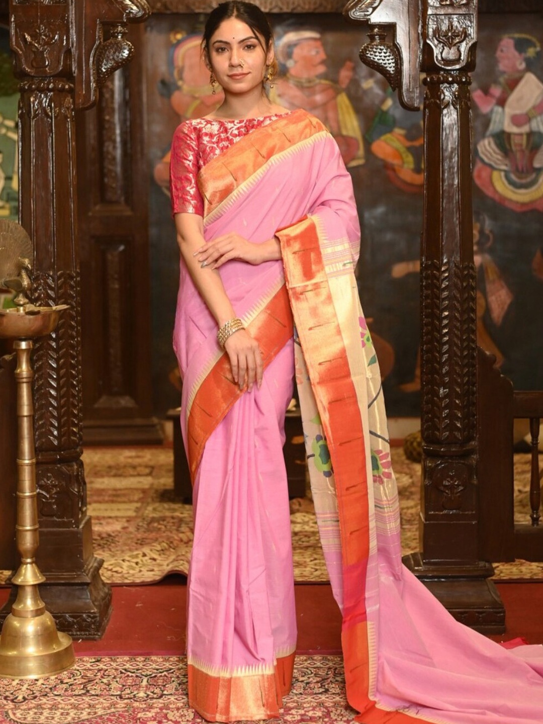 

Very Much Indian Ethnic Motif Woven Design Zari Pure Cotton Paithani Saree, Pink