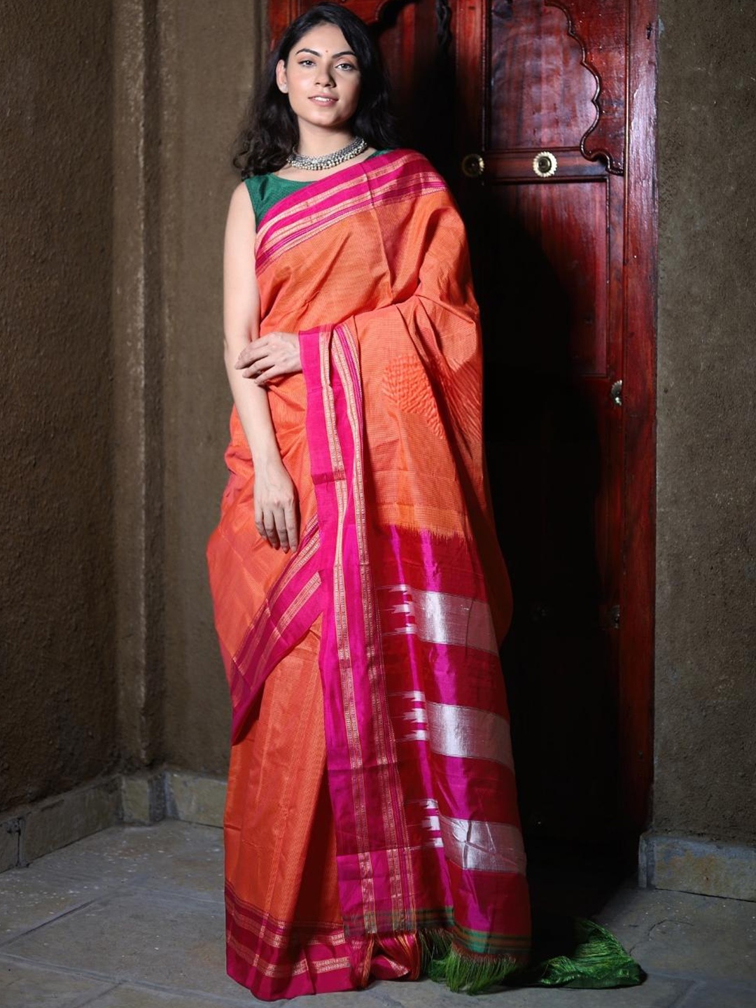 

Very Much Indian Checked Zari Silk Cotton Ilkal Saree, Orange