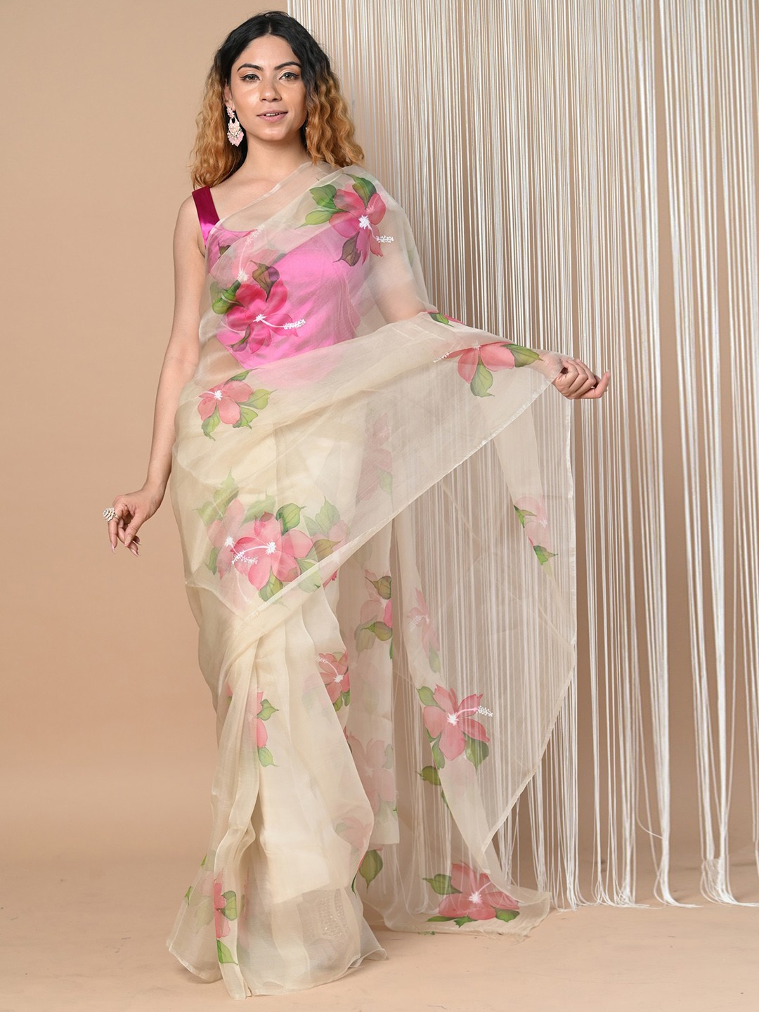 

Very Much Indian Floral Organza Saree, Beige