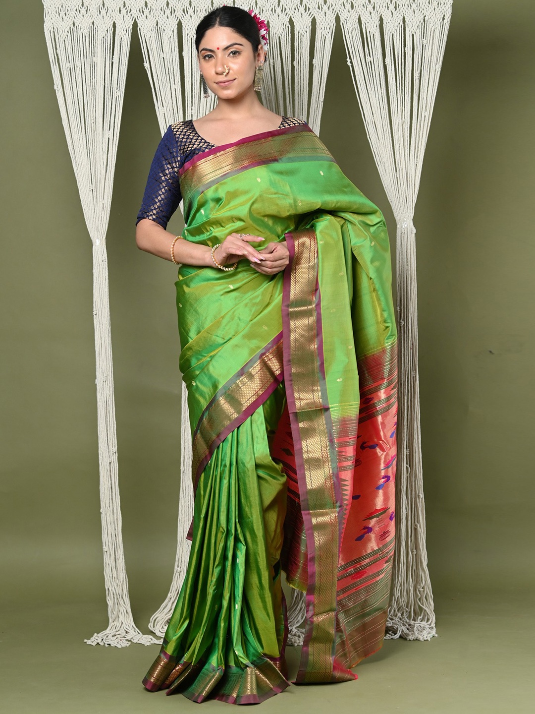 

Very Much Indian Ethnic Motif Woven Design Zari Pure Silk Paithani Saree, Green